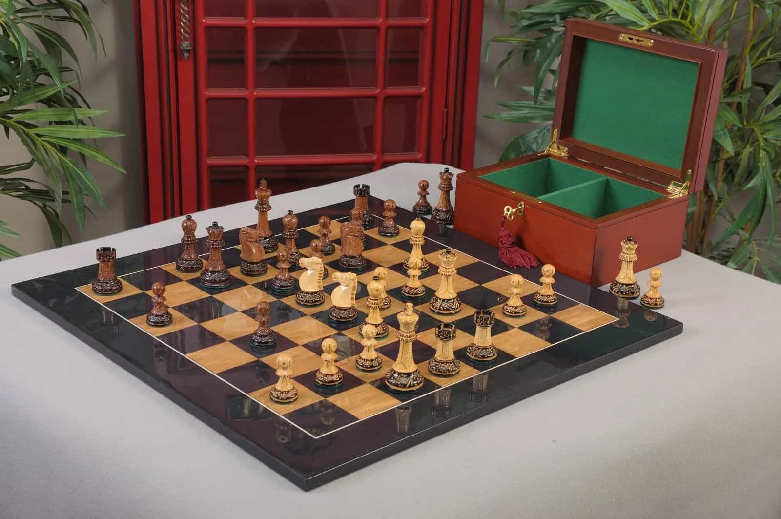 The Burnt Golden Rosewood Reykjavik Ii Series Chess Set, Box, & Gloss Board Combination