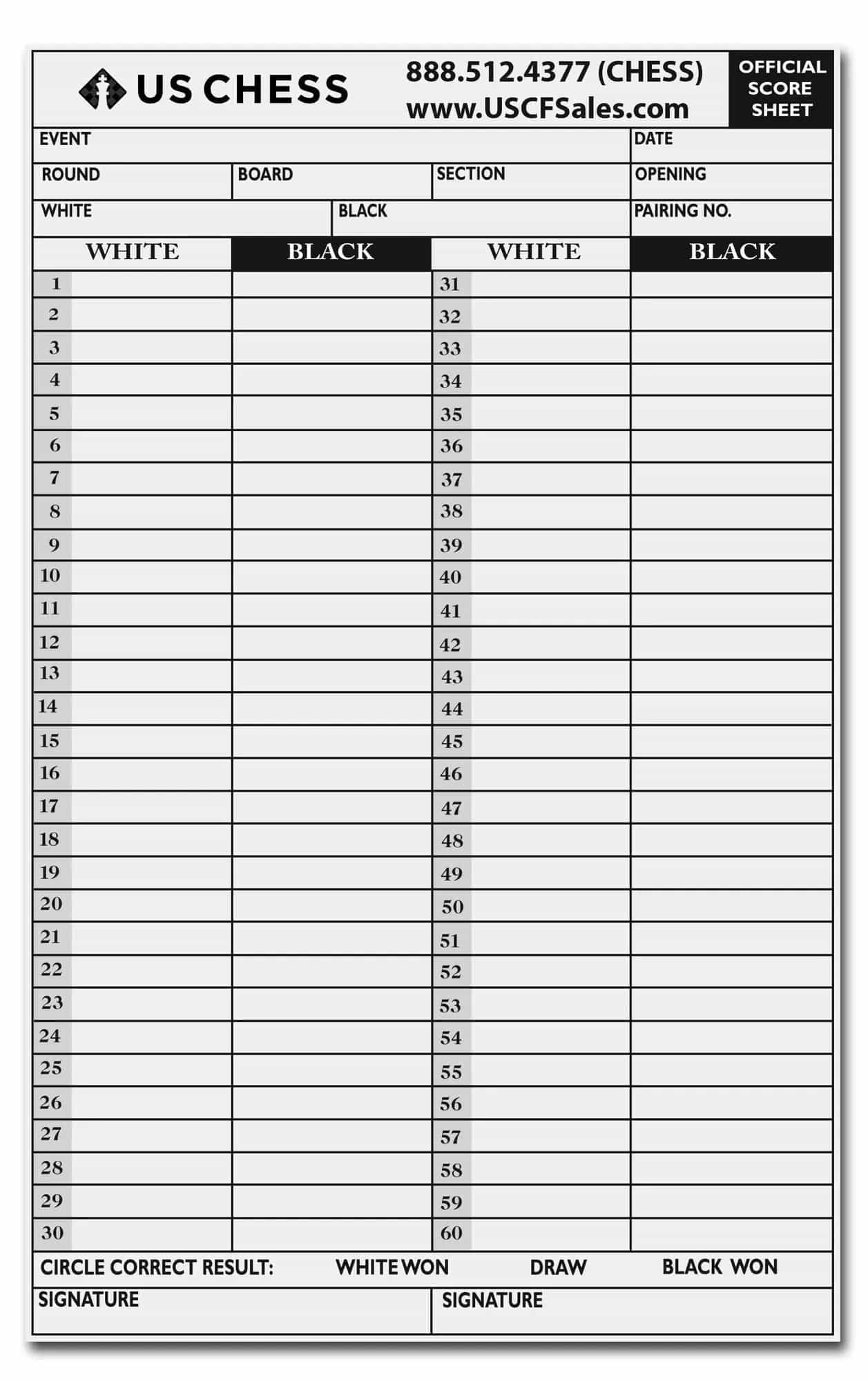 Official Us Chess Self-Duplicating Score Sheets - Pack Of 100 Sheets