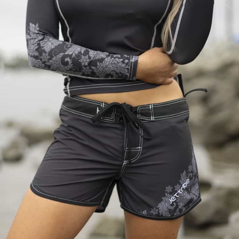 Ladies Hibiscus Board Shorts - Black