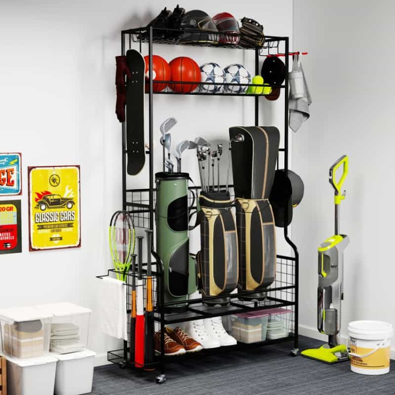 Mobile Sports Equipment Organizer With Golf Bags Storage and Club Rack