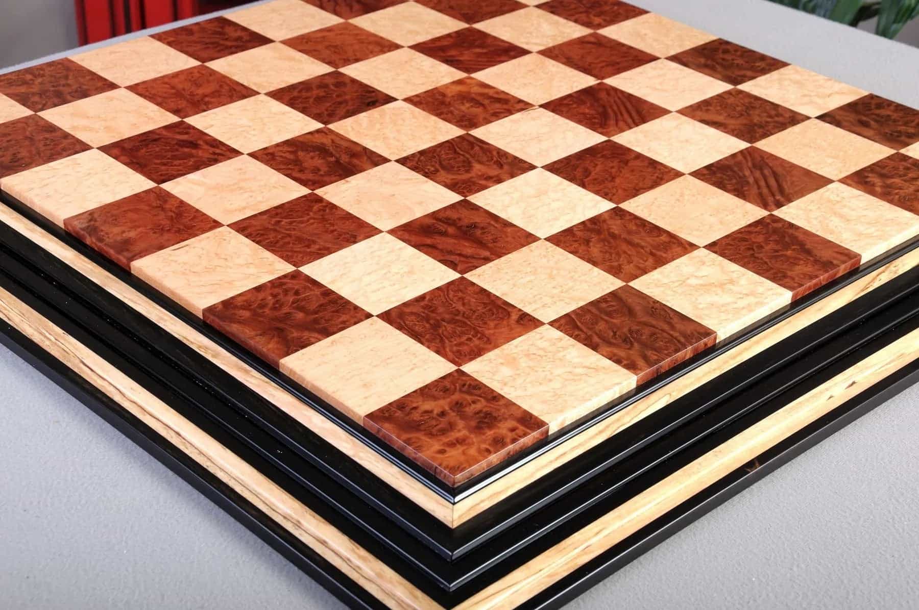 Pre-Order - Signature Contemporary Chess Board - Vasticola Burl / Bird's Eye Maple - 2.5" Squares