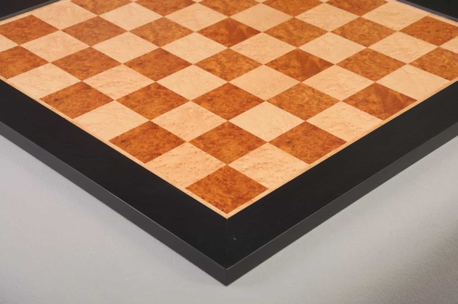 Amboyna Burl, Genuine Ebony & Bird’s Eye Maple Traditional Chess Board