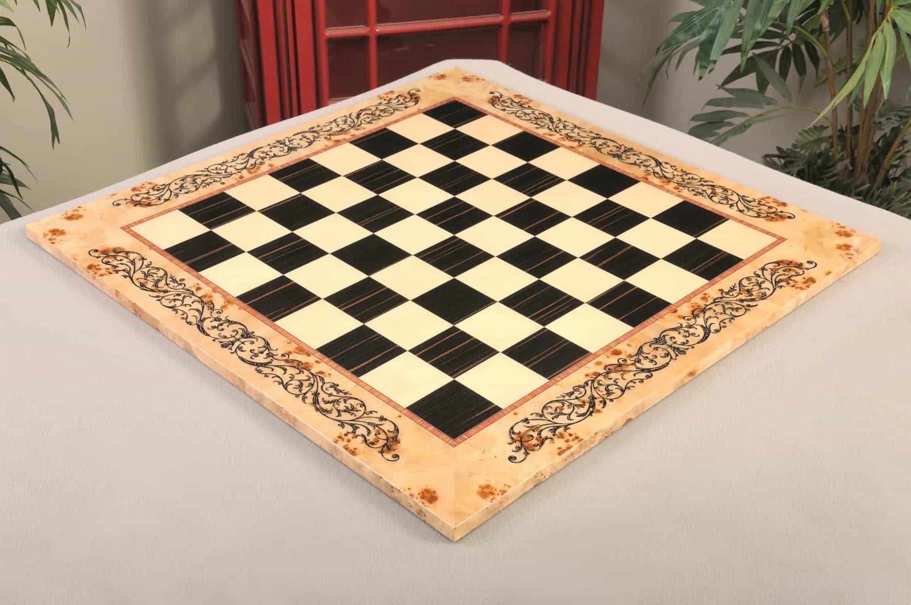 Inlaid Maple Burl & Ebony Superior Traditional Chess Board