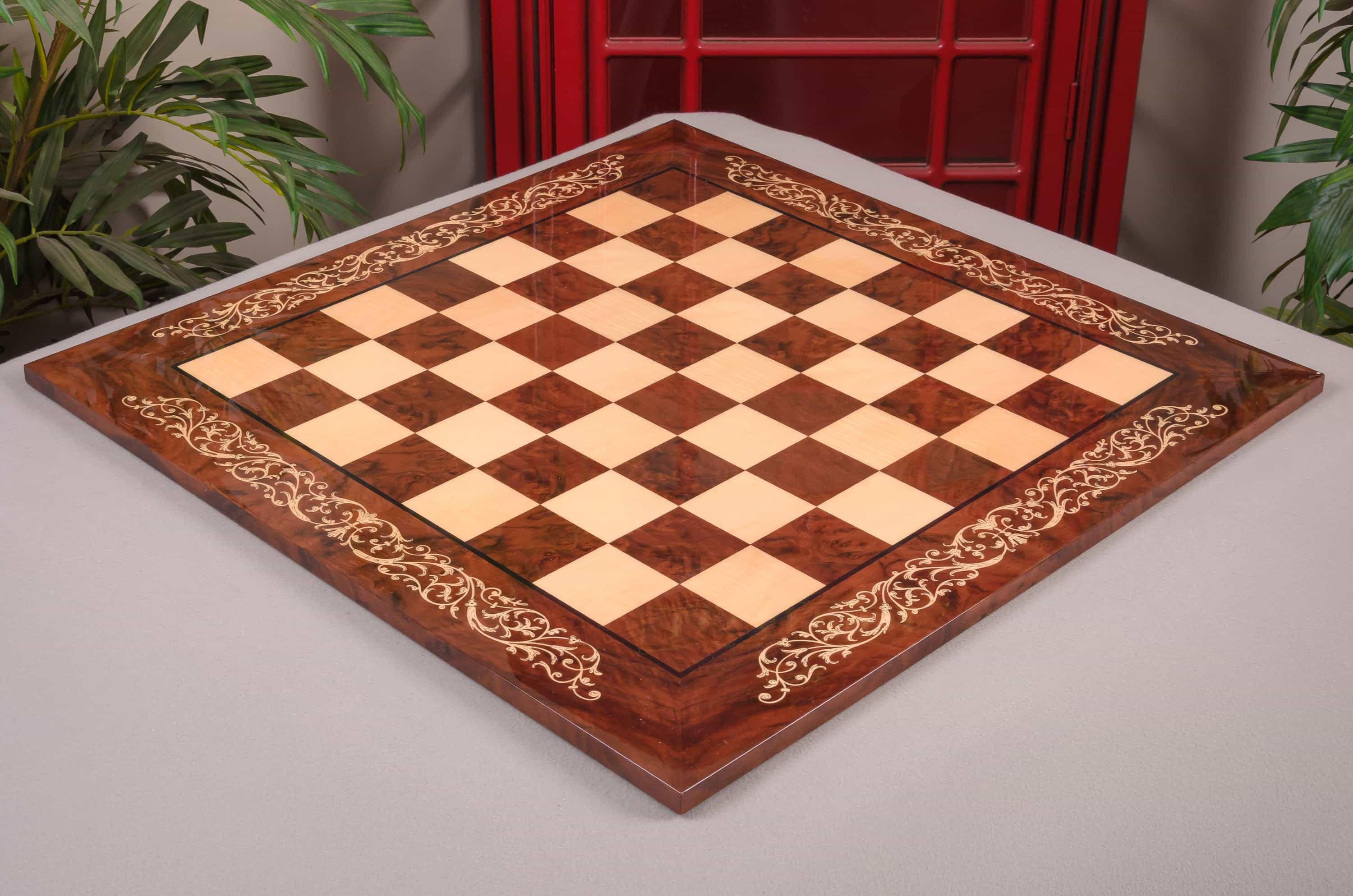 Imperfect - Inlaid - Walnut Burl & Maple Superior Traditional Chessboard - 2.5" Squares - Gloss Finish