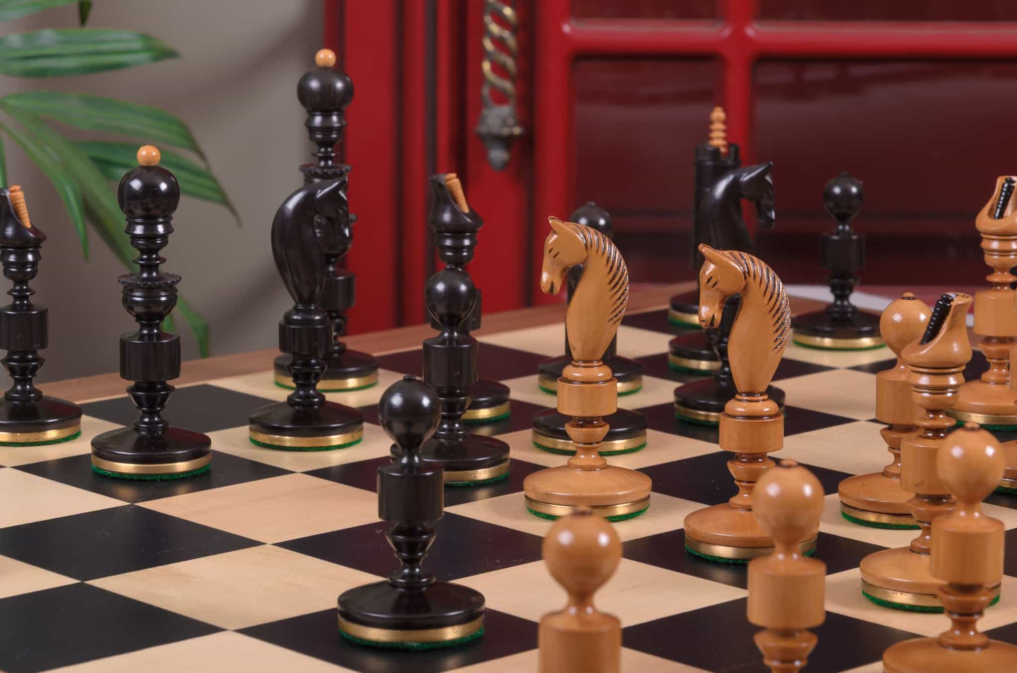 Imperfect - 4.4" Vintage Biedermeier - Genuine Ebony / Distressed Boxwood - Wood Chess Pieces