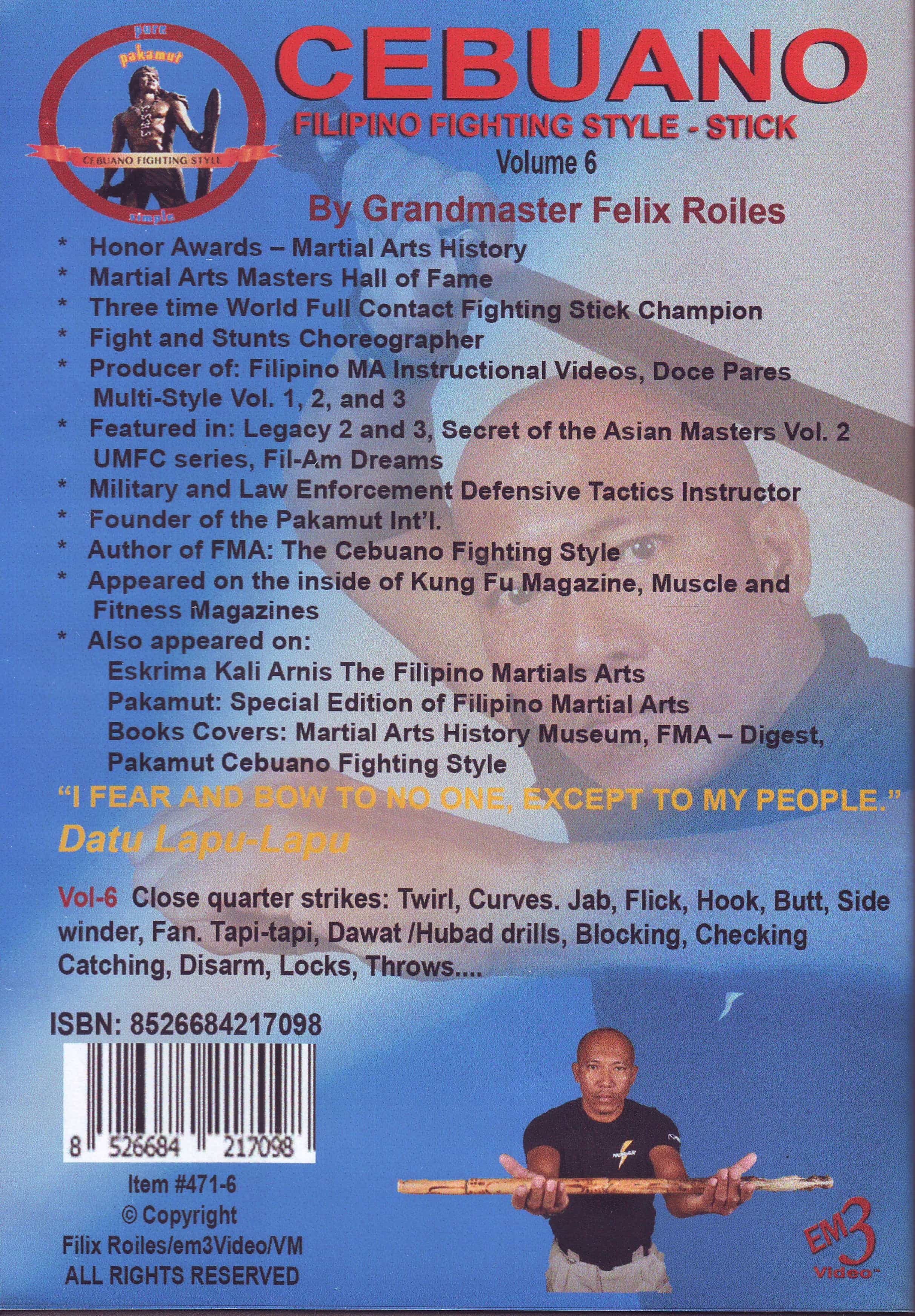 Filipino Martial Art Cebuano Stick Fighting #6 Dvd Gm Felix Roiles Escrima Kali