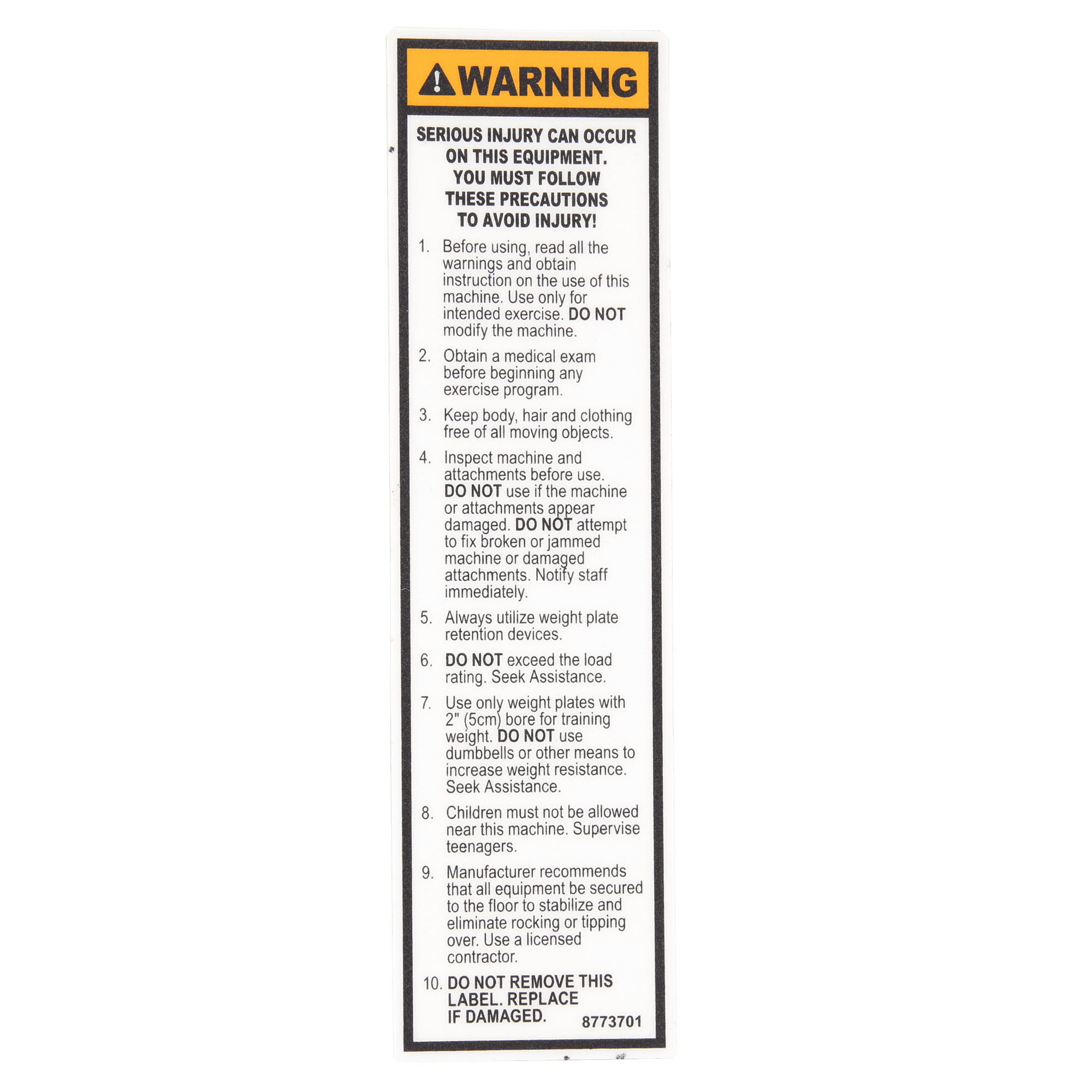 Vertical Warning Label, English, Lifefitness