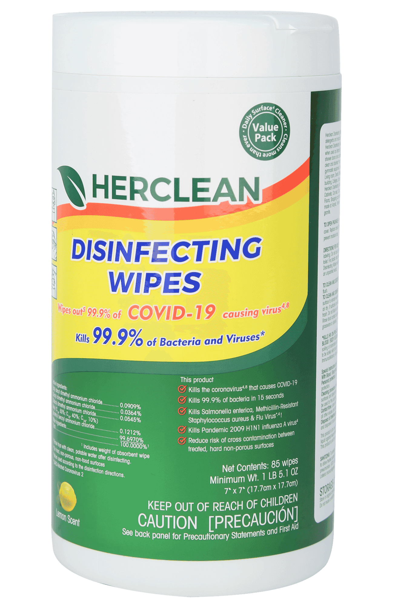 Herclean Disinfecting Wipes 7"x7" Canister of 85 Wipes