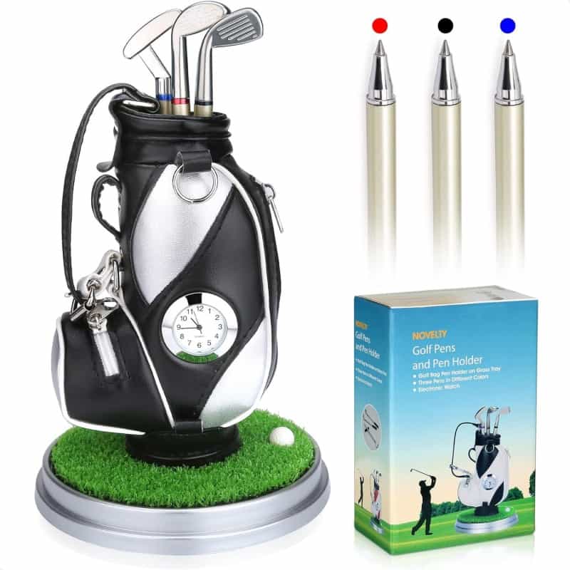 Black And Silve Mini Desktop Golf Bag Pen Holder With Golf Pens Clock Novelty Gift