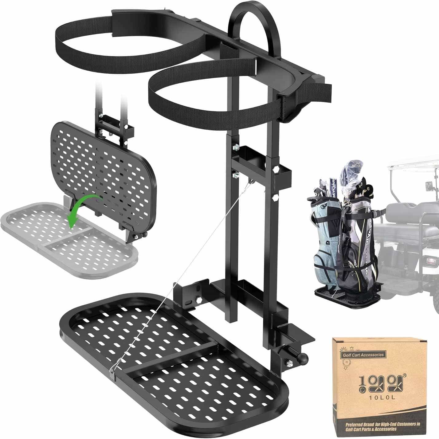 10L0l Universal Foldable Golf Cart Rear Bag Holder - No-Drill Fits Safety Grip Bar Up To 8" Wide