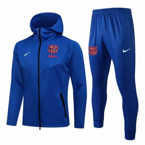 2021-2022 Barcelona Hoodie Jacket + Pants Training Suit Blue