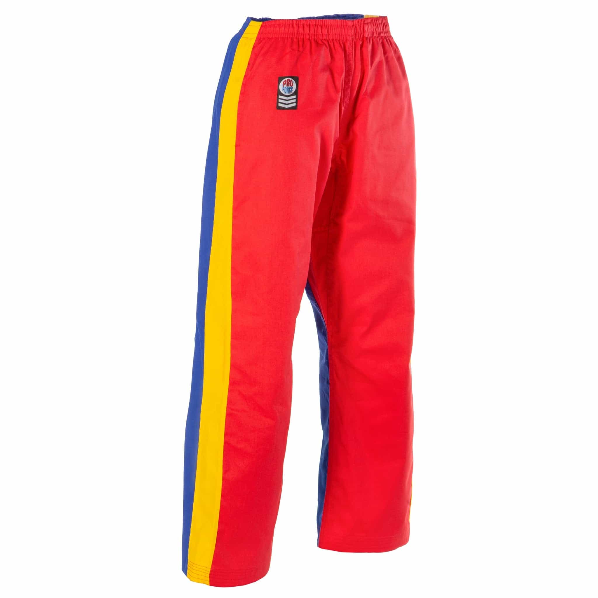 Proforce Sport® Demo Karate Pants Red & Blue W/Yellow Stripe W/ Side Pockets